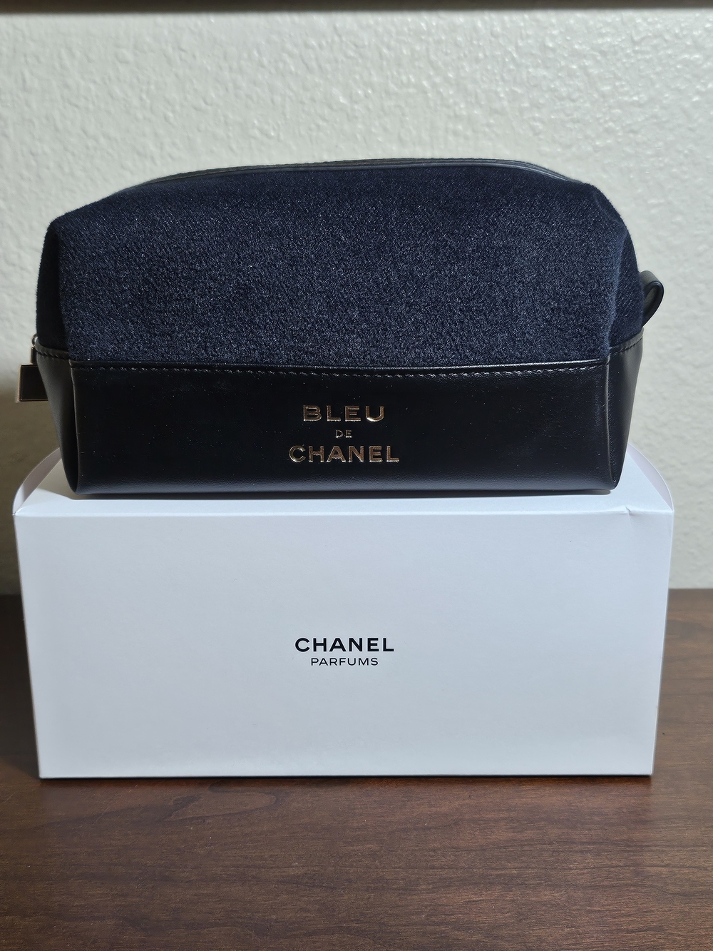 CHANEL Bleu Toiletry Bag in Navy and Black with Gold Logo